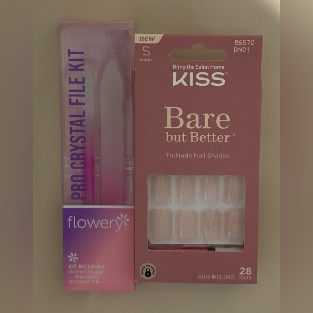 KISS Bare but Better TruNude Press-On Nails + Flowery Pro Crystal File Bundle